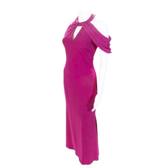 Badgley Mischka Formal Dress Gown Size 0 Magenta Crepe Caged Strappy Draped - Picture 3 of 9